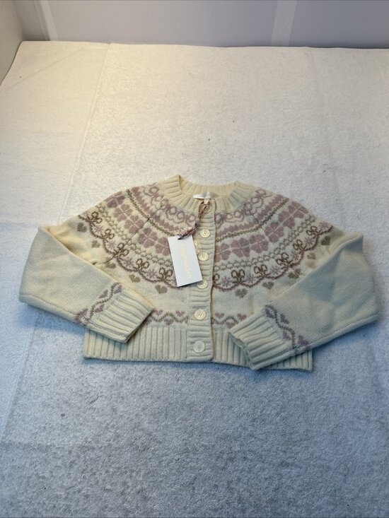 LoveShackFancy Other - LoveShackFancy Girls Cream/Rose Cardigan Sweater 100% Wool Size M New w/Tags